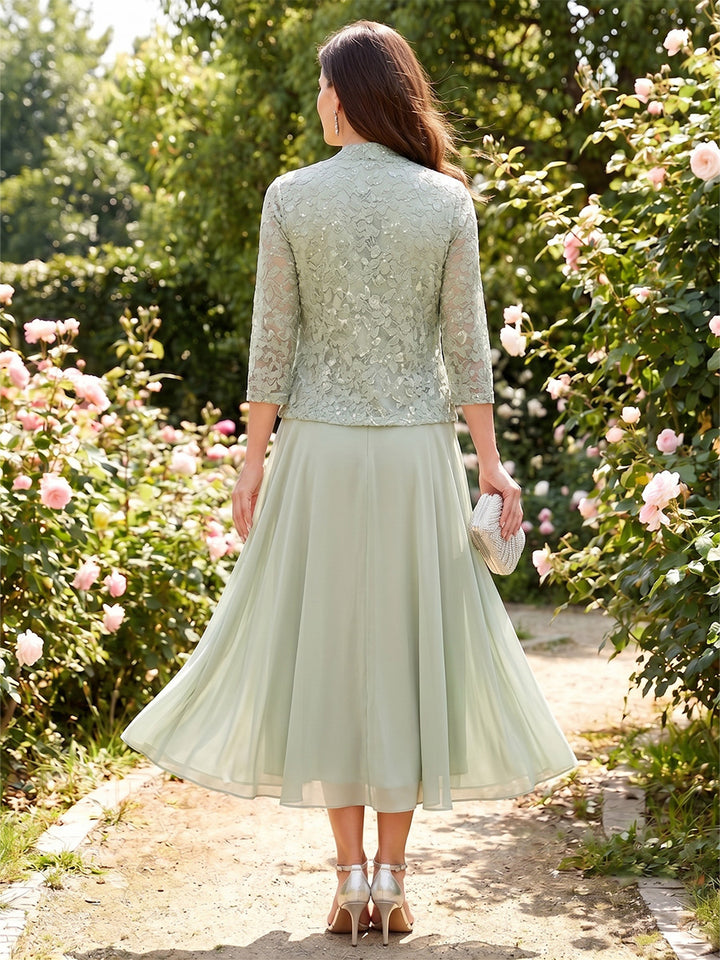 A-Line/Princess Scoop 3/4 Sleeves Tea-Length Mother of the Bride Dresses with Applique &amp; Jacket