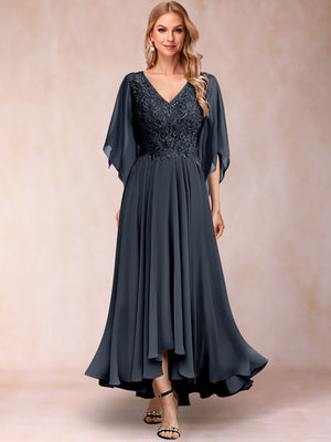 A-Line/Princess V-Neck 3/4 Sleeves Long Evening Dresses with Appliques
