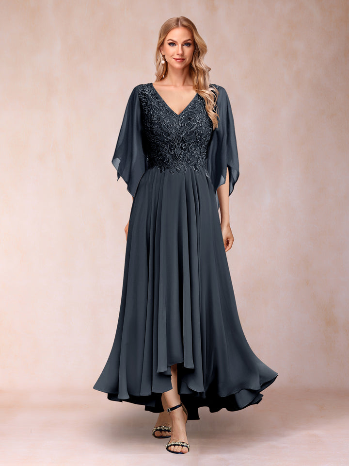 A-Line/Princess V-Neck 3/4 Sleeves Long Evening Dresses with Appliques