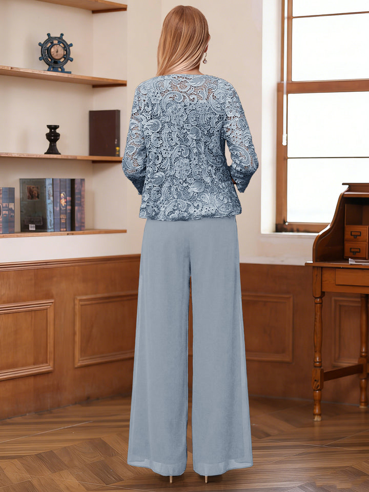 Lace Chiffon Square Neck 3/4 Sleeves 3 Pieces Pantsuits with Appliques &amp; Jacket