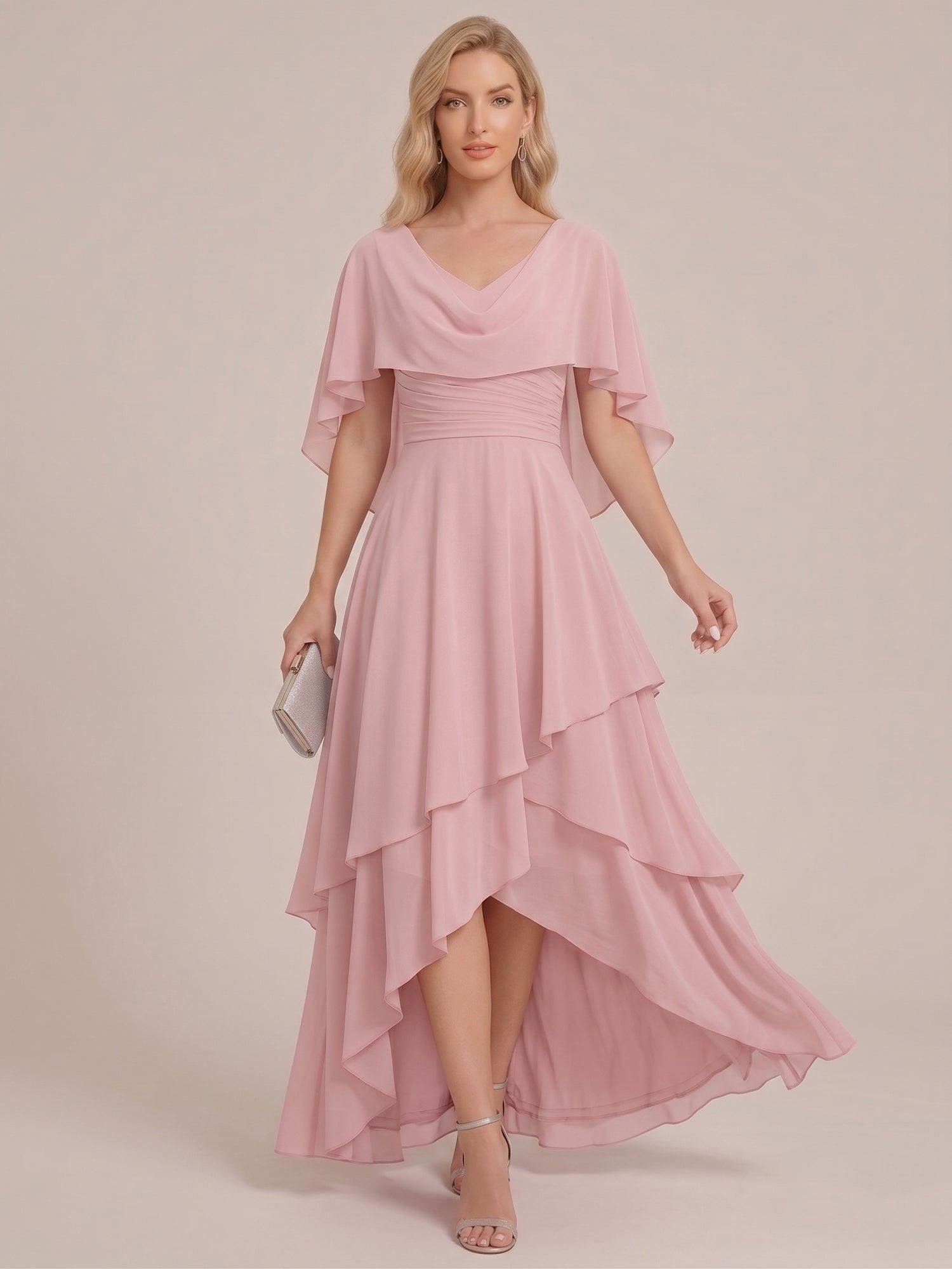 A-Line/Princess V-Neck Short Sleeves Tiered Asymmetrical Chiffon Mother of the Bride Dresses