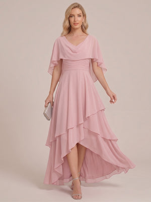 A-Line/Princess V-Neck Short Sleeves Tiered Asymmetrical Chiffon Mother of the Bride Dresses