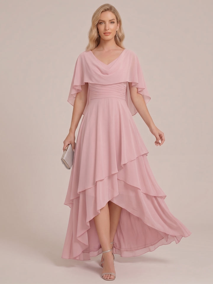 A-Line/Princess V-Neck Short Sleeves Tiered Asymmetrical Chiffon Mother of the Bride Dresses