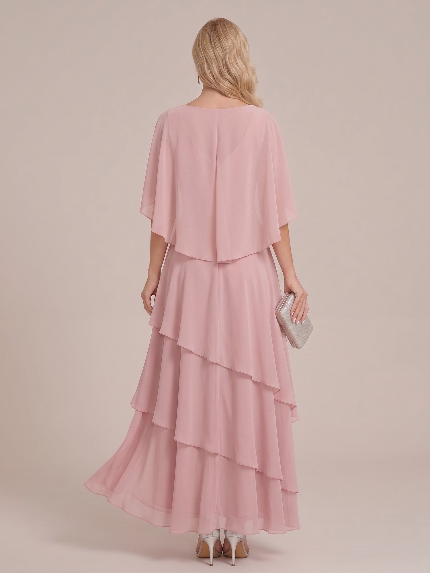 A-Line/Princess V-Neck Short Sleeves Tiered Asymmetrical Chiffon Mother of the Bride Dresses