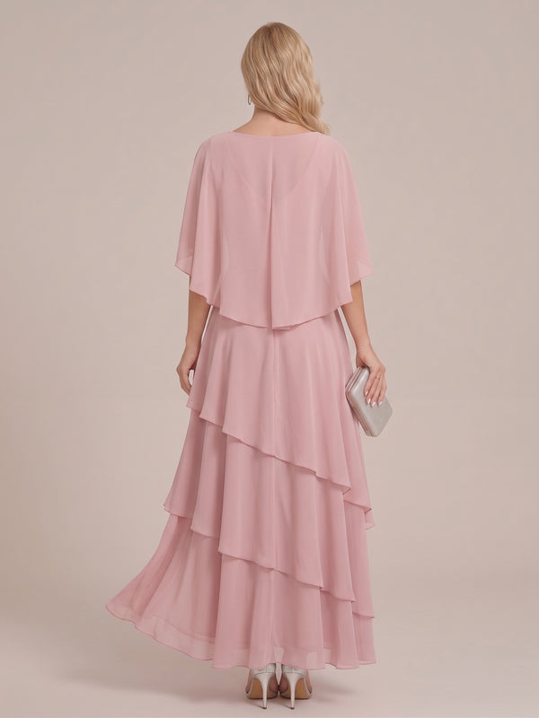 A-Line/Princess V-Neck Short Sleeves Tiered Asymmetrical Chiffon Mother of the Bride Dresses