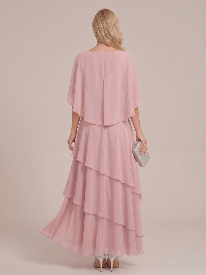 A-Line/Princess V-Neck Short Sleeves Tiered Asymmetrical Chiffon Mother of the Bride Dresses