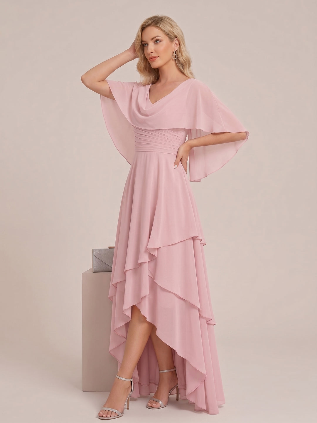 A-Line/Princess V-Neck Short Sleeves Tiered Asymmetrical Chiffon Mother of the Bride Dresses