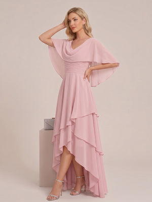 A-Line/Princess V-Neck Short Sleeves Tiered Asymmetrical Chiffon Mother of the Bride Dresses