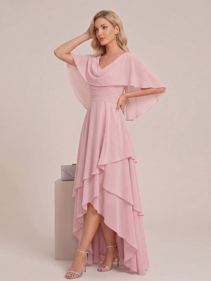 A-Line/Princess V-Neck Short Sleeves Tiered Asymmetrical Chiffon Mother of the Bride Dresses
