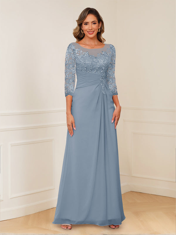 dusty blue mother of the bride dresses with sleeves Dusty Blue Mother Of The Bride Dresses Mock Two-Piece Lace Bodice 3/4 Length Sleeves Chiffon Mother Of The Bride Dress