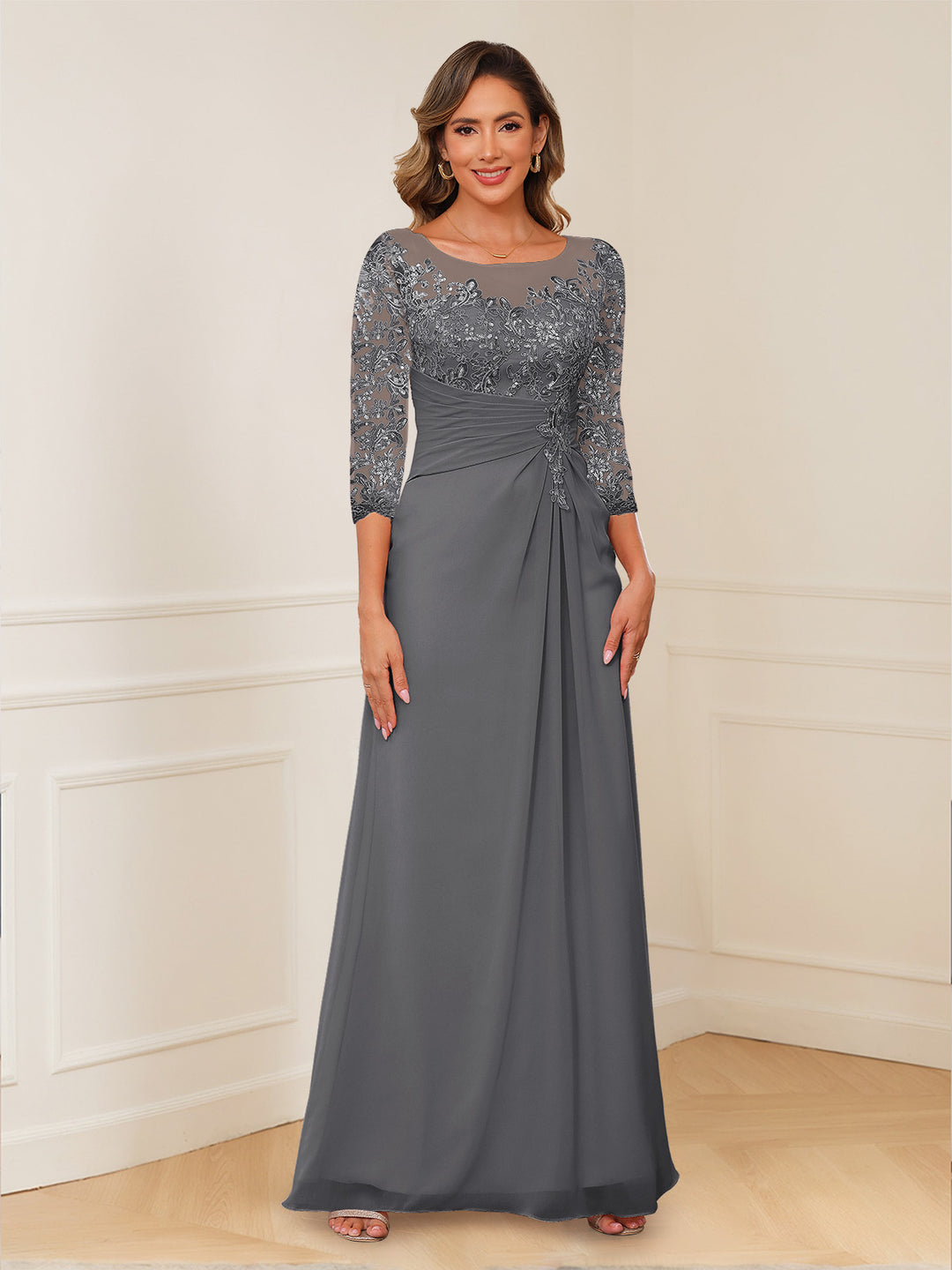 A-Line/Princess Illusion Scoop Appliques Ruched Mother of the Bride Dresses