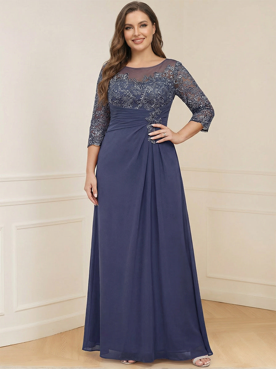 A-Line/Princess Illusion Scoop Appliques Ruched Plus Size Mother of the Bride Dresses