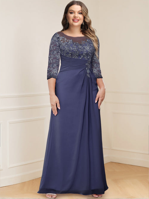 A-Line/Princess Illusion Scoop Appliques Ruched Plus Size Mother of the Bride Dresses
