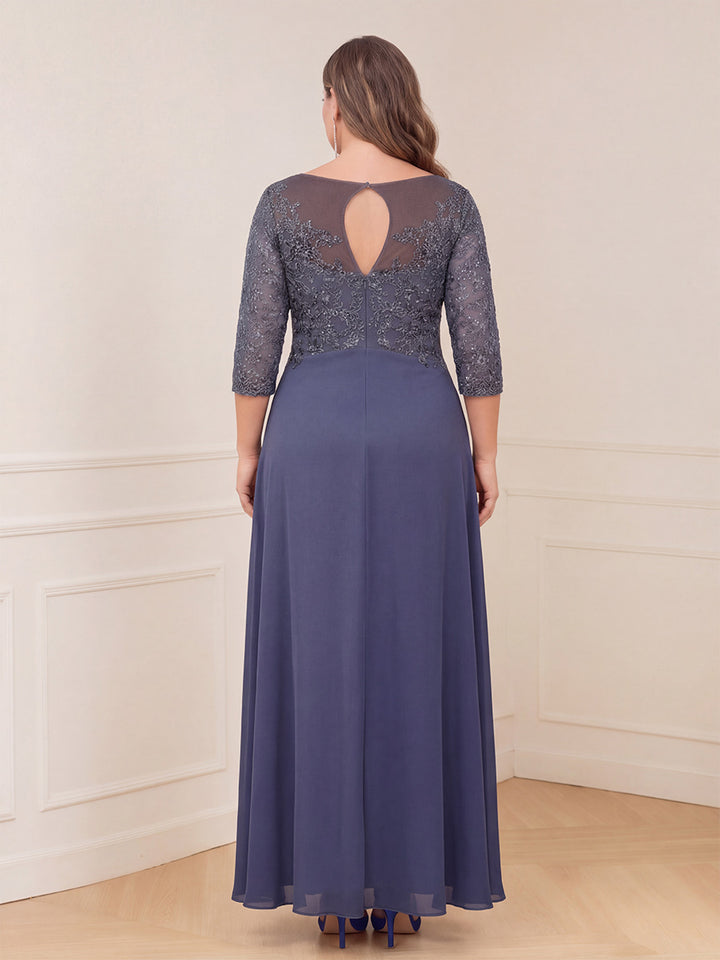 A-Line/Princess Illusion Scoop Appliques Ruched Plus Size Mother of the Bride Dresses