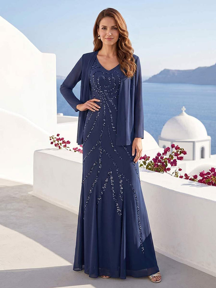 Sheath/Column V-Neck Floor-Length Mother of the Bride Dresses With Jacket &amp; Sequins