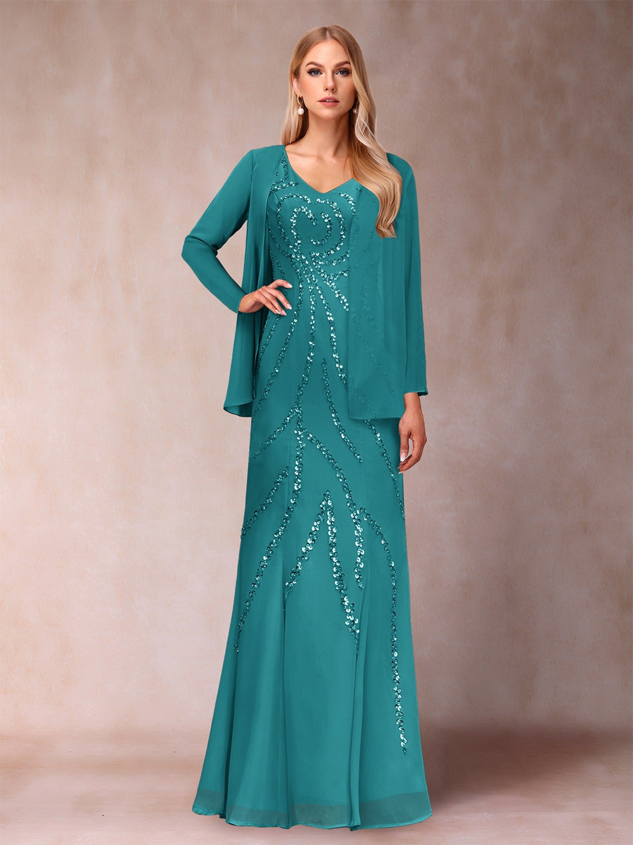 Sheath/Column V-Neck Floor-Length Mother of the Bride Dresses With Jacket &amp; Sequins