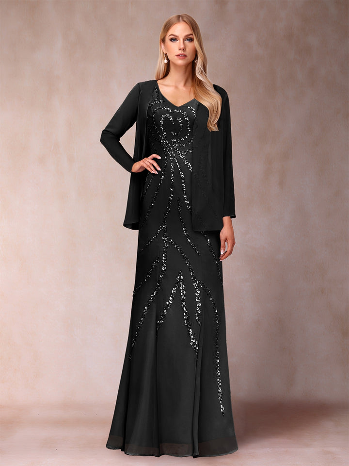 Sheath/Column V-Neck Floor-Length Mother of the Bride Dresses With Jacket &amp; Sequins