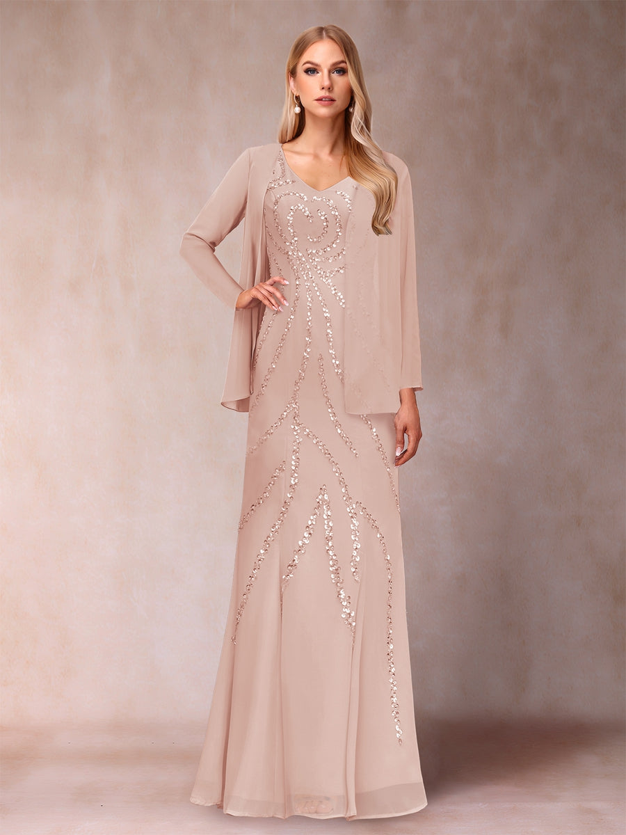 Sheath/Column V-Neck Floor-Length Mother of the Bride Dresses With Jacket &amp; Sequins