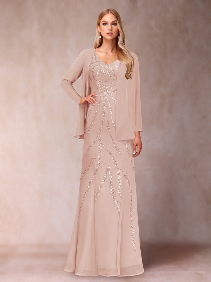 Sheath/Column V-Neck Floor-Length Mother of the Bride Dresses With Jacket &amp; Sequins