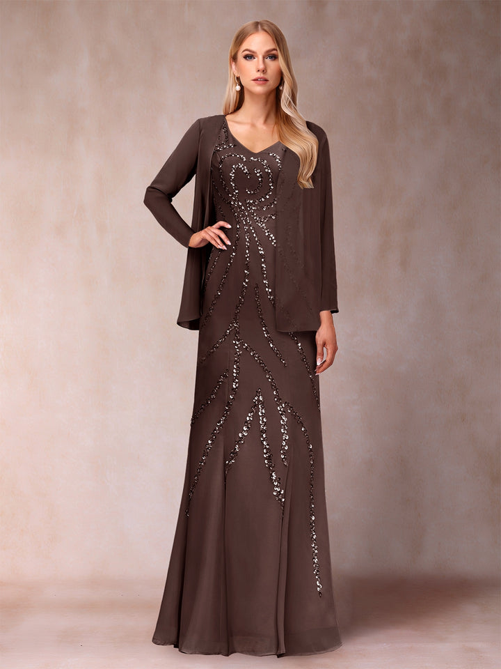 Sheath/Column V-Neck Floor-Length Mother of the Bride Dresses With Jacket &amp; Sequins