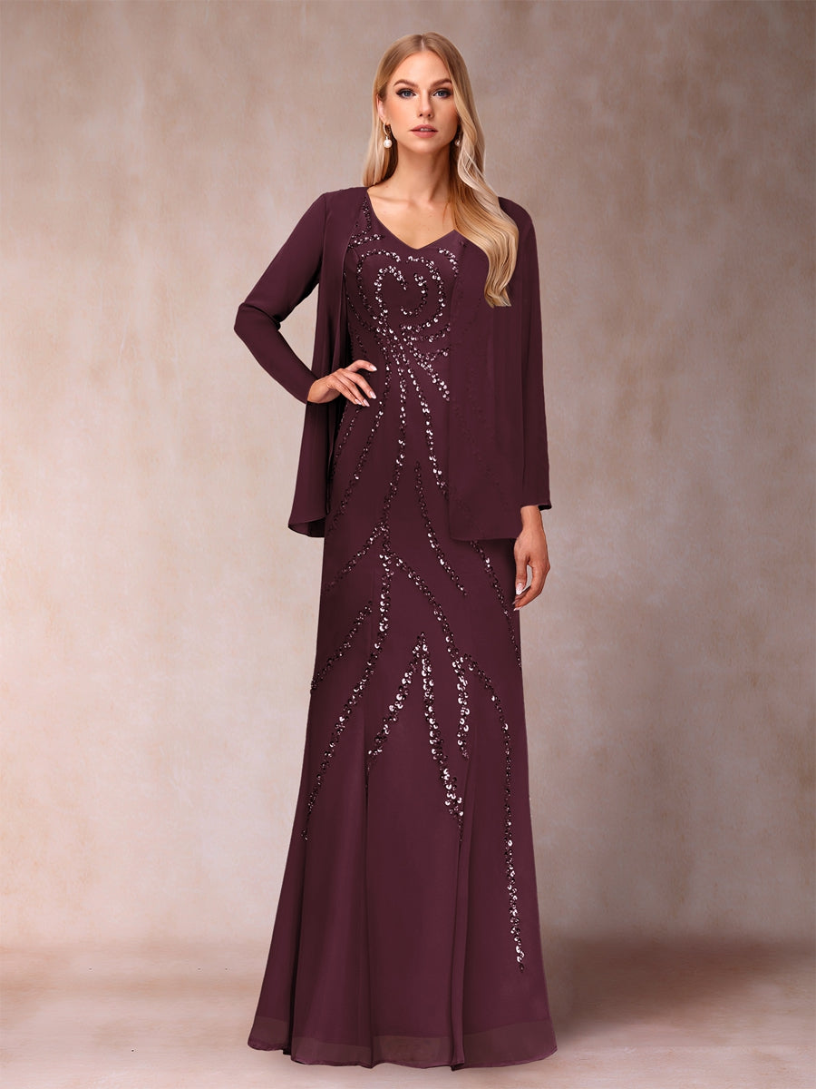 Sheath/Column V-Neck Floor-Length Mother of the Bride Dresses With Jacket &amp; Sequins