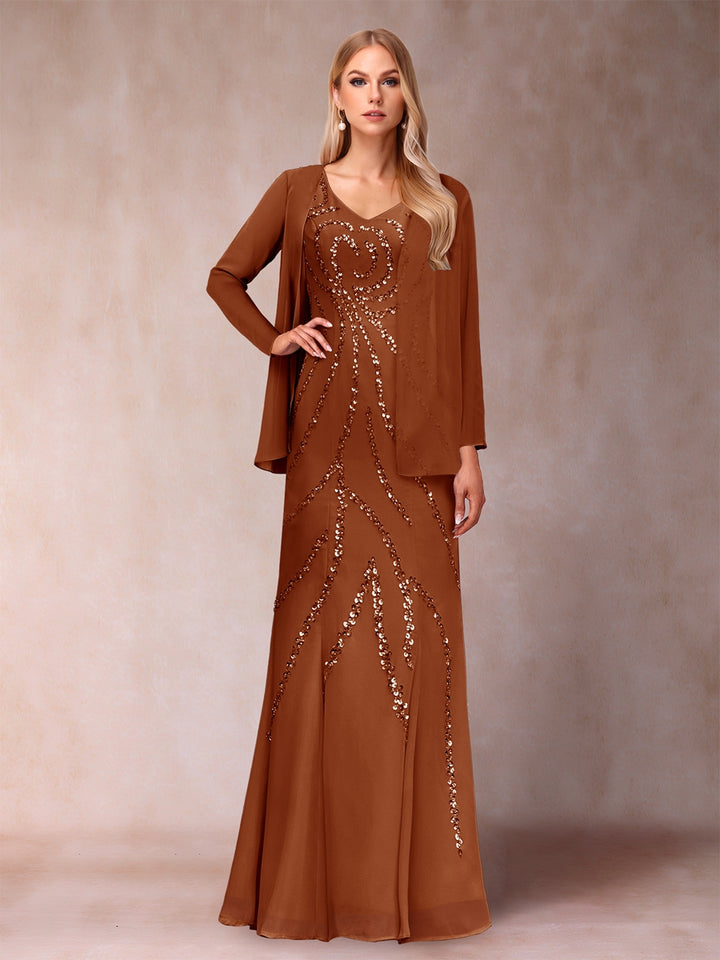 Sheath/Column V-Neck Floor-Length Mother of the Bride Dresses With Jacket &amp; Sequins
