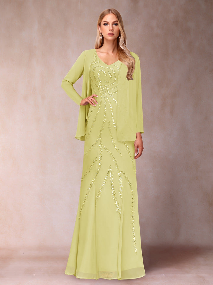 Sheath/Column V-Neck Floor-Length Mother of the Bride Dresses With Jacket &amp; Sequins