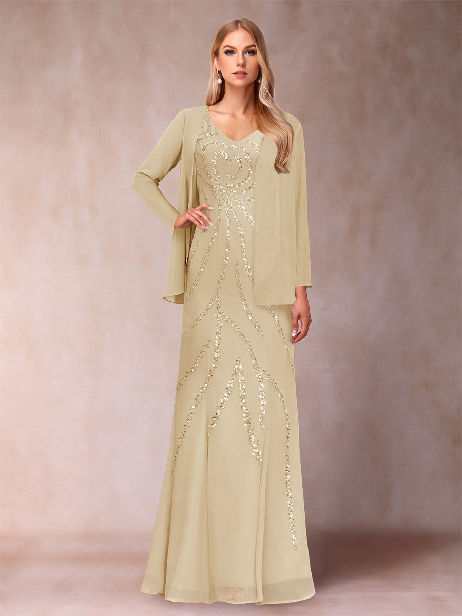 Sheath/Column V-Neck Floor-Length Mother of the Bride Dresses With Jacket &amp; Sequins