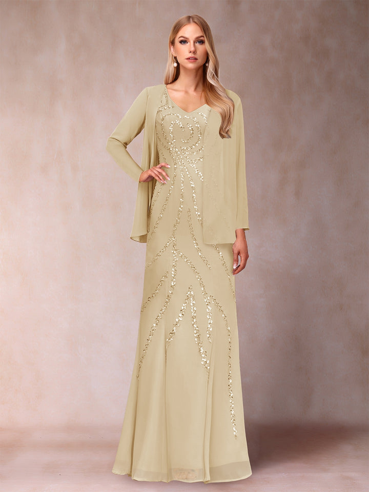Sheath/Column V-Neck Floor-Length Mother of the Bride Dresses With Jacket &amp; Sequins