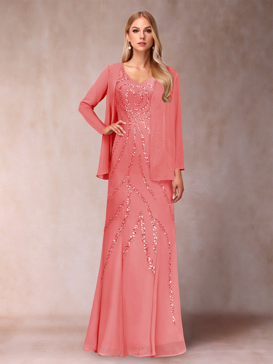 Sheath/Column V-Neck Floor-Length Mother of the Bride Dresses With Jacket &amp; Sequins