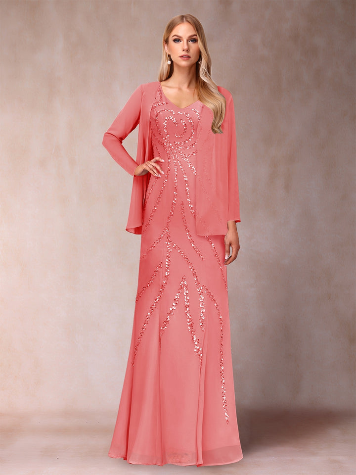 Sheath/Column V-Neck Floor-Length Mother of the Bride Dresses With Jacket &amp; Sequins