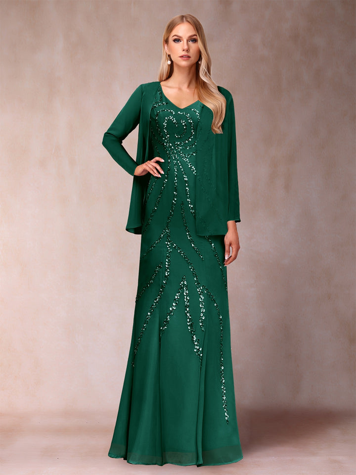 Sheath/Column V-Neck Floor-Length Mother of the Bride Dresses With Jacket &amp; Sequins