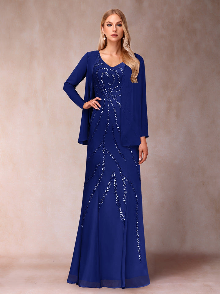 Sheath/Column V-Neck Floor-Length Mother of the Bride Dresses With Jacket &amp; Sequins