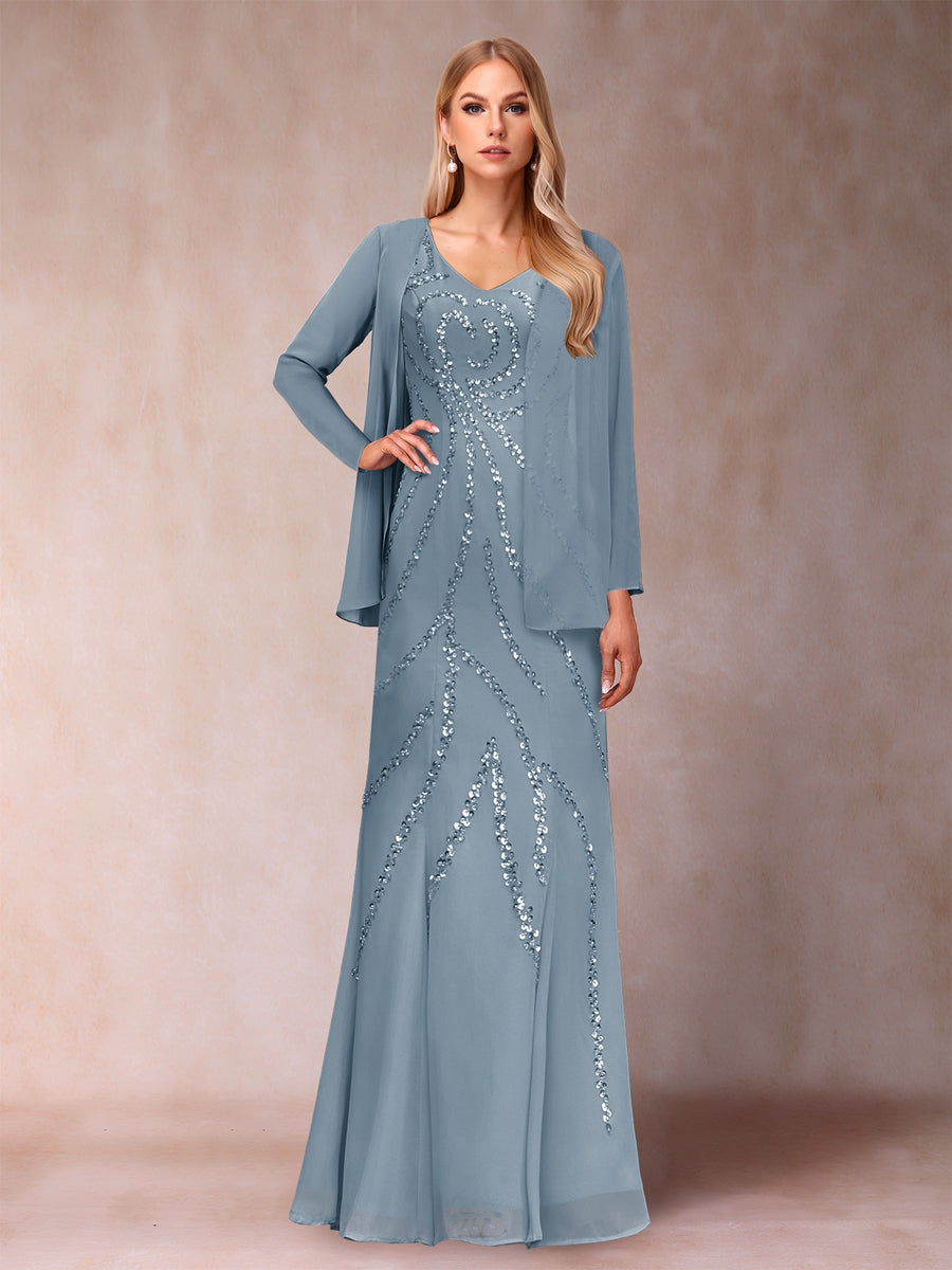Sheath/Column V-Neck Floor-Length Mother of the Bride Dresses With Jacket &amp; Sequins
