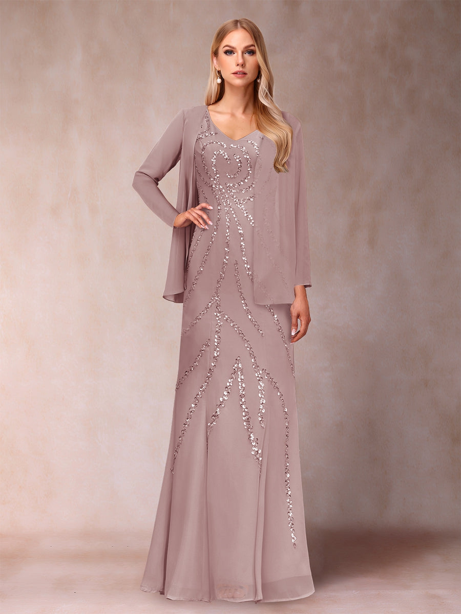 Sheath/Column V-Neck Floor-Length Mother of the Bride Dresses With Jacket &amp; Sequins