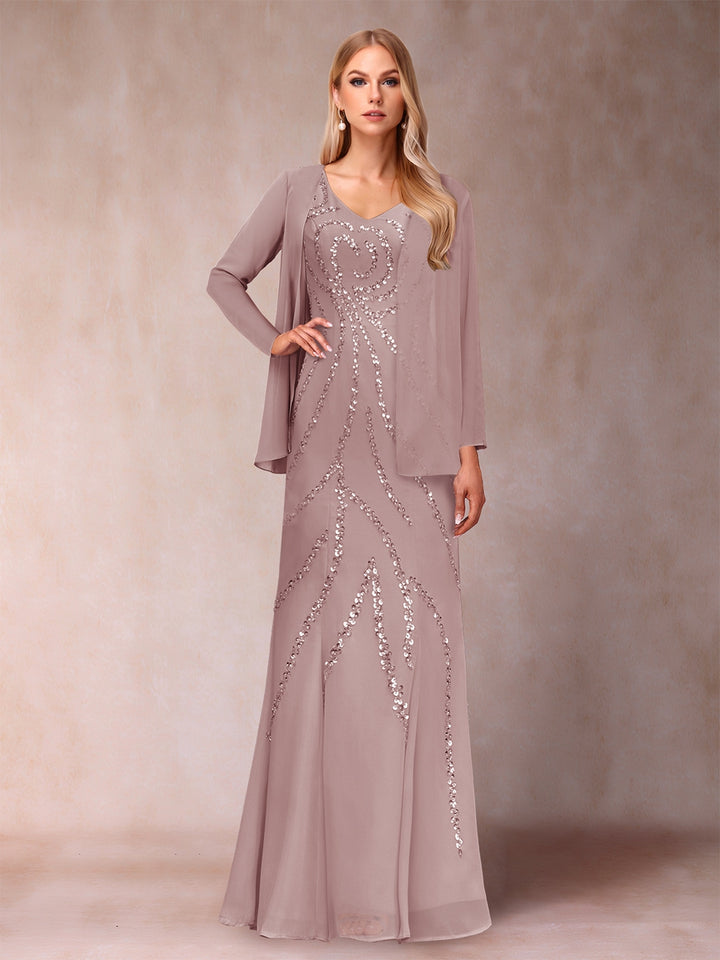 Sheath/Column V-Neck Floor-Length Mother of the Bride Dresses With Jacket &amp; Sequins