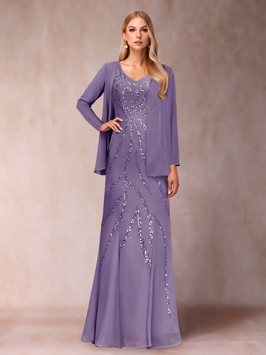 Sheath/Column V-Neck Floor-Length Mother of the Bride Dresses With Jacket &amp; Sequins