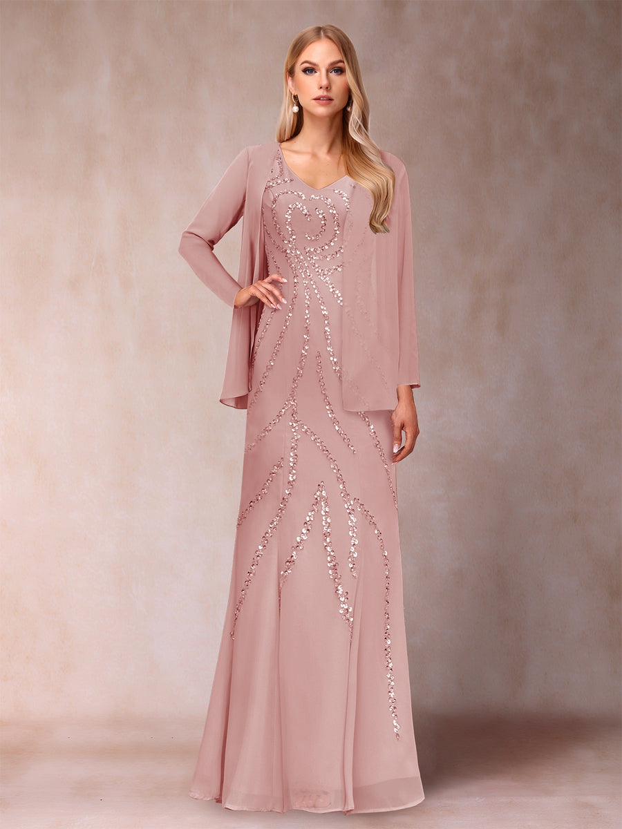 Sheath/Column V-Neck Floor-Length Mother of the Bride Dresses With Jacket &amp; Sequins