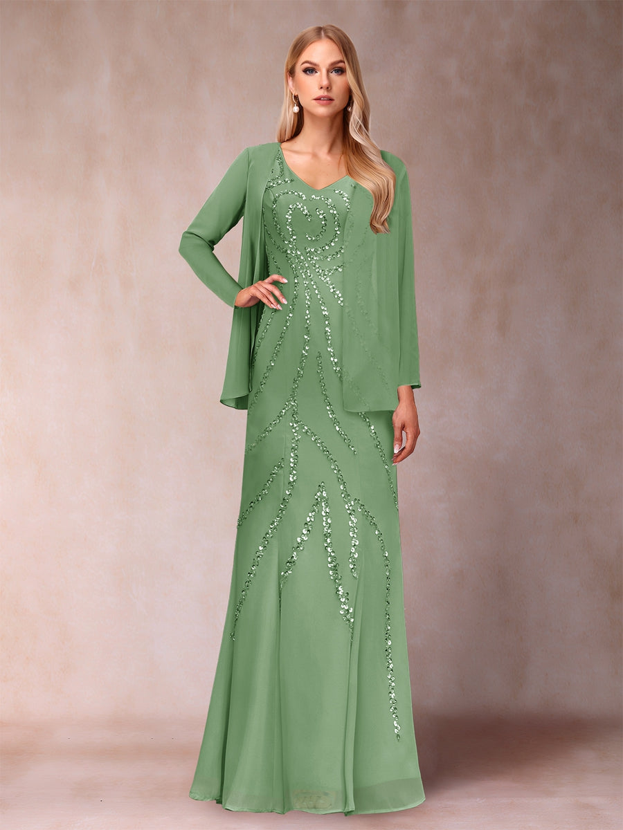 Sheath/Column V-Neck Floor-Length Mother of the Bride Dresses With Jacket &amp; Sequins