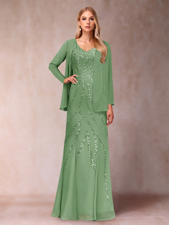 Sheath/Column V-Neck Floor-Length Mother of the Bride Dresses With Jacket &amp; Sequins