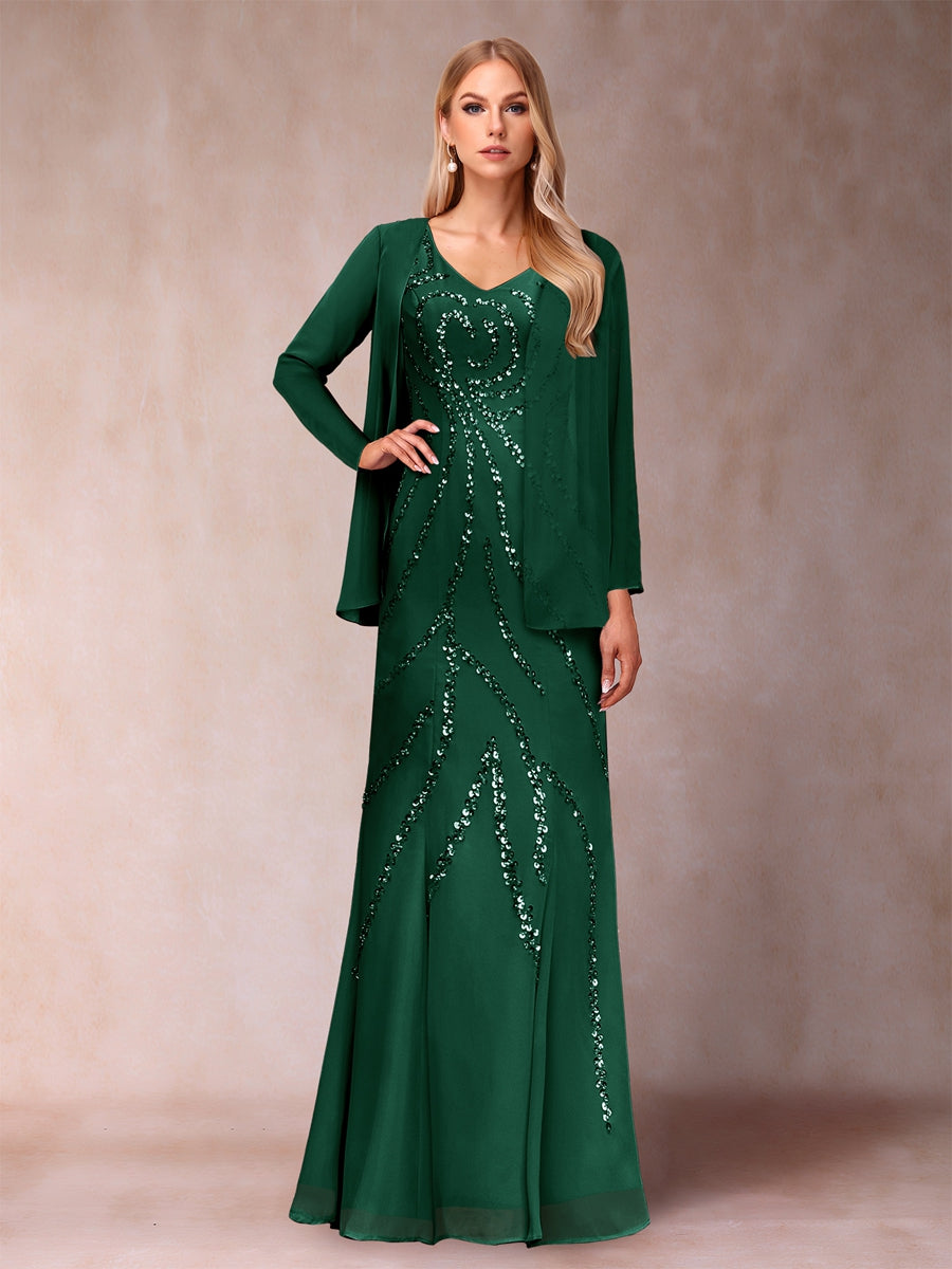 Sheath/Column V-Neck Floor-Length Mother of the Bride Dresses With Jacket &amp; Sequins