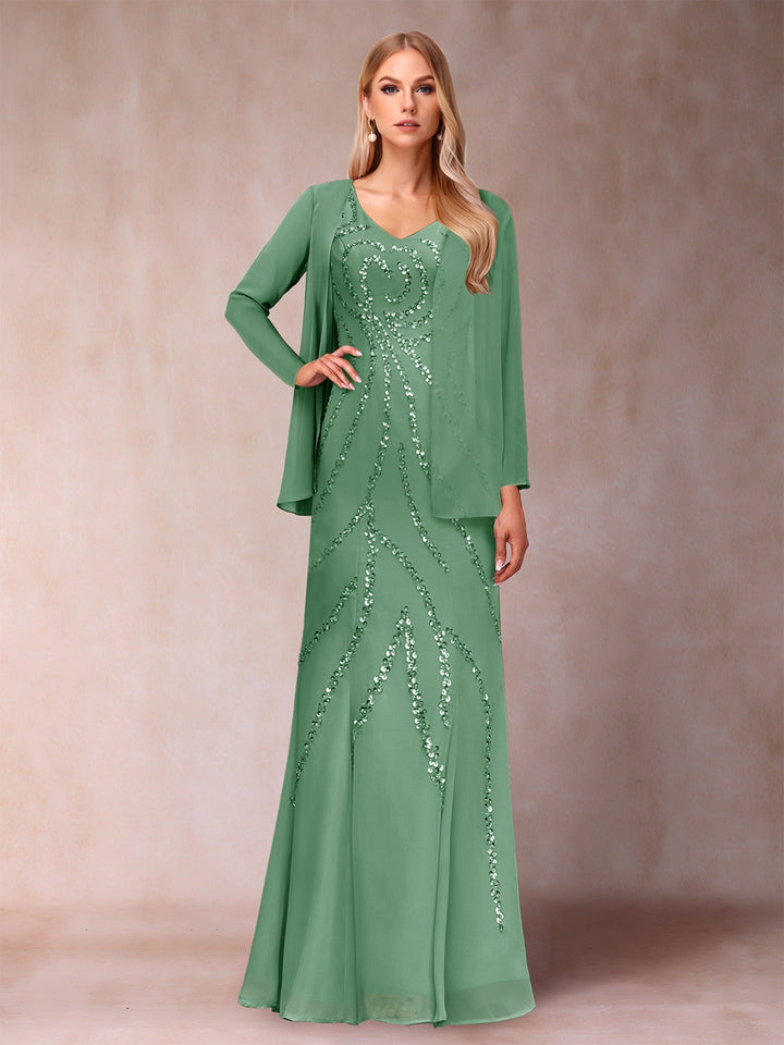 Sheath/Column V-Neck Floor-Length Mother of the Bride Dresses With Jacket &amp; Sequins