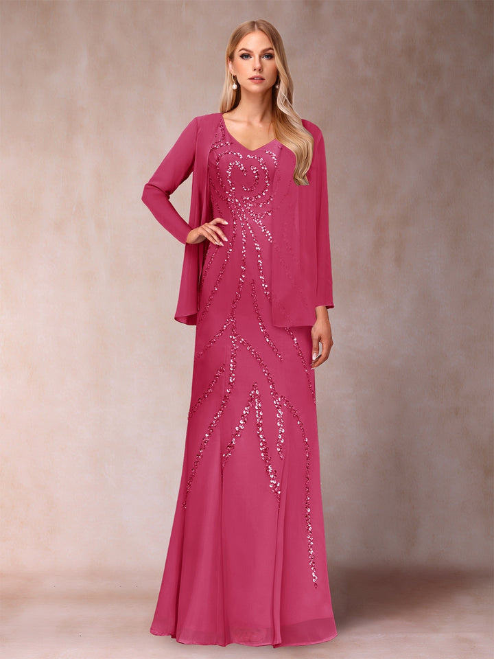 Sheath/Column V-Neck Floor-Length Mother of the Bride Dresses With Jacket &amp; Sequins
