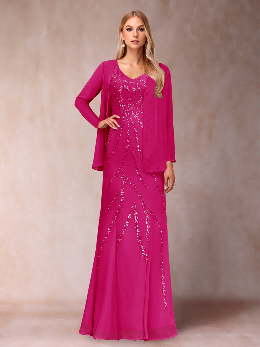 Sheath/Column V-Neck Floor-Length Mother of the Bride Dresses With Jacket &amp; Sequins