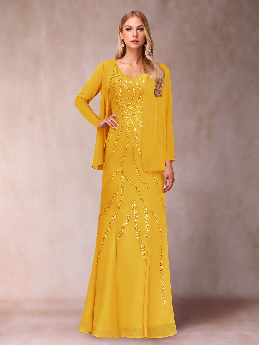 Sheath/Column V-Neck Floor-Length Mother of the Bride Dresses With Jacket &amp; Sequins