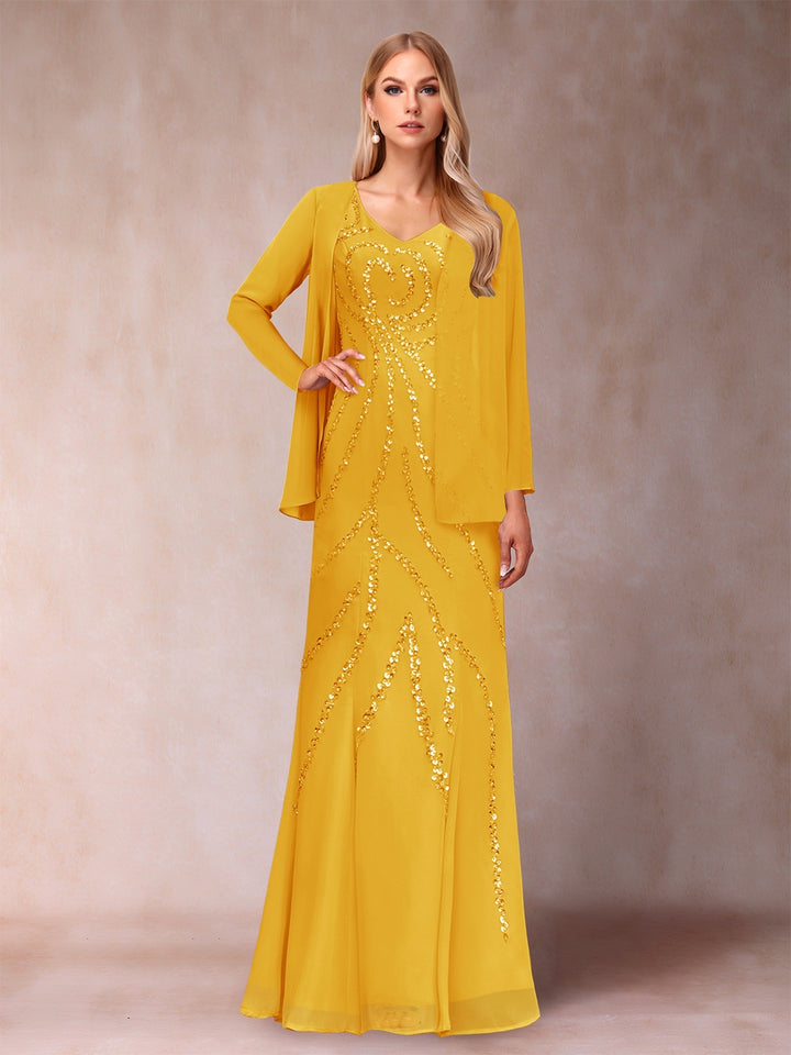 Sheath/Column V-Neck Floor-Length Mother of the Bride Dresses With Jacket &amp; Sequins