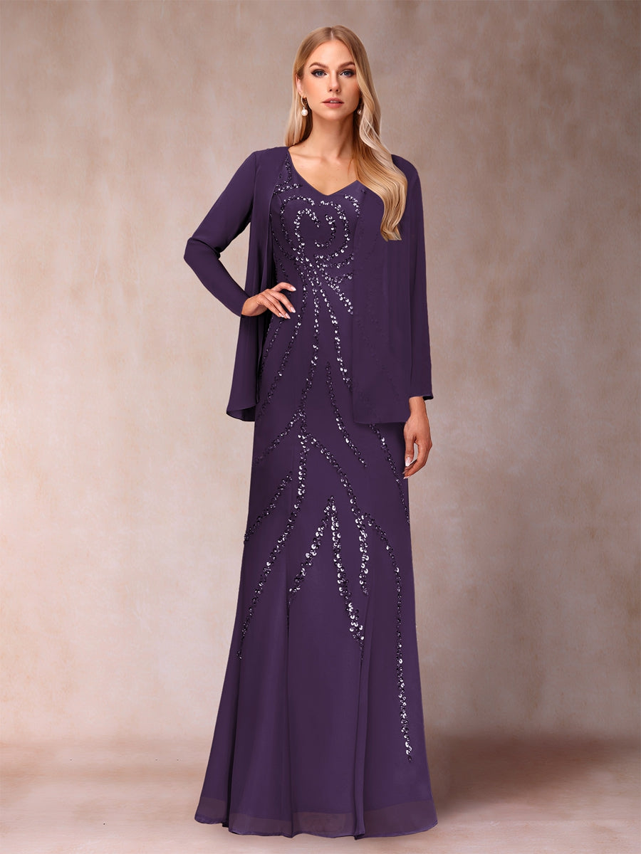 Sheath/Column V-Neck Floor-Length Mother of the Bride Dresses With Jacket &amp; Sequins