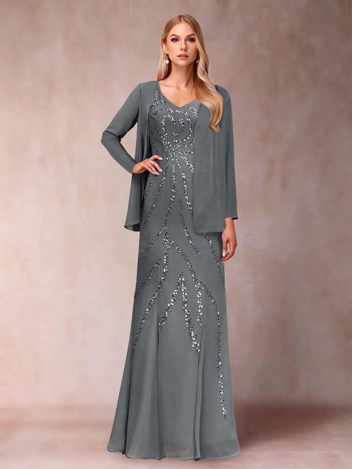 Sheath/Column V-Neck Floor-Length Mother of the Bride Dresses With Jacket &amp; Sequins