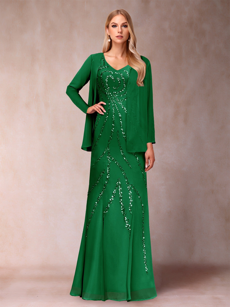 Sheath/Column V-Neck Floor-Length Mother of the Bride Dresses With Jacket &amp; Sequins