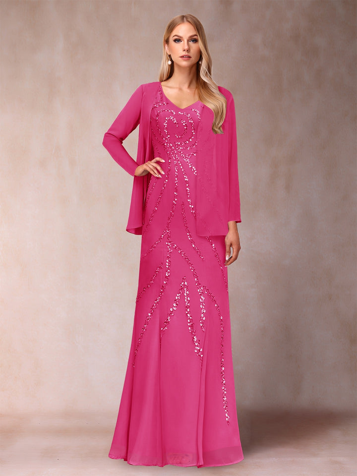 Sheath/Column V-Neck Floor-Length Mother of the Bride Dresses With Jacket &amp; Sequins